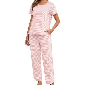 Namatime Womens Pink White Striped Pajama Set Short Sleeve Top Pants Medium NEW